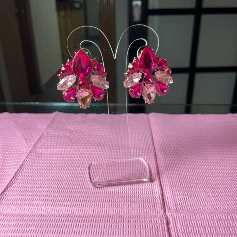 Pink Crystal Cluster Earrings Gold Tone Teardrop Statement - Picture 11 of 13